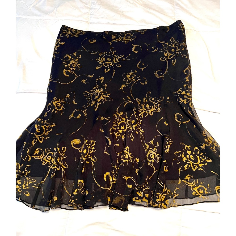 Lauren Ralph Lauren 'Irina' Metallic Matte Gold & Black Y2K Floral Chiffon Skirt